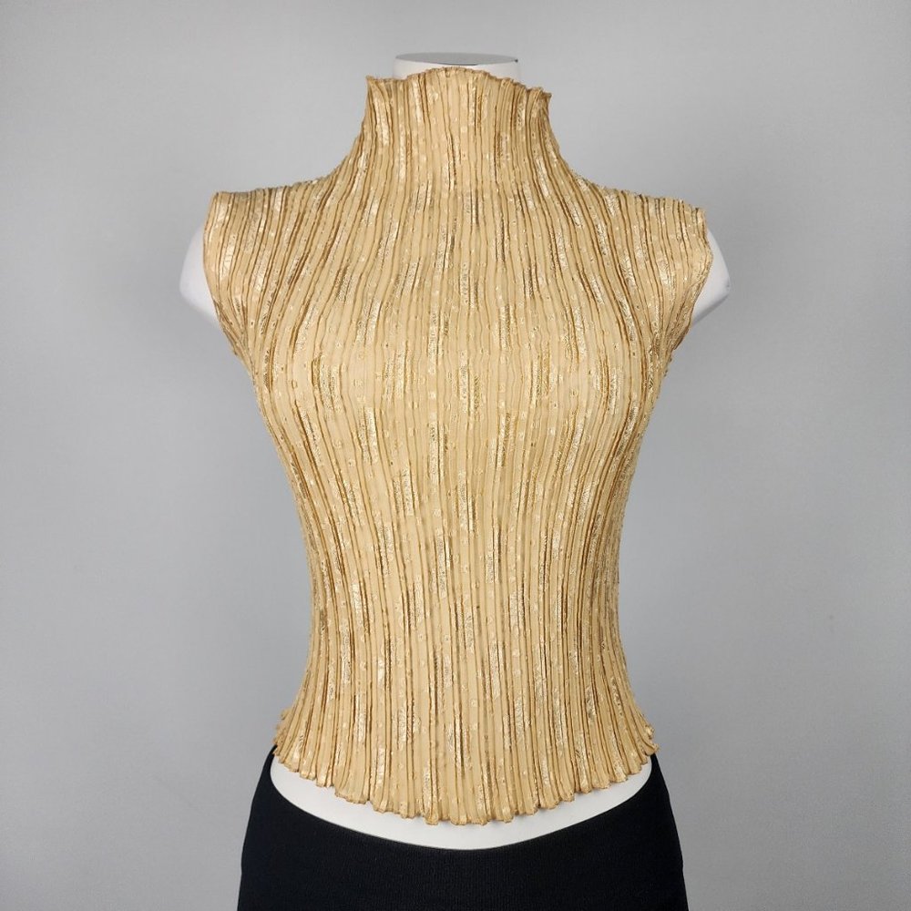 Vintage E.K Designs Yellow Crinkle High Neck Sleeveless Crop Top Size XS/S